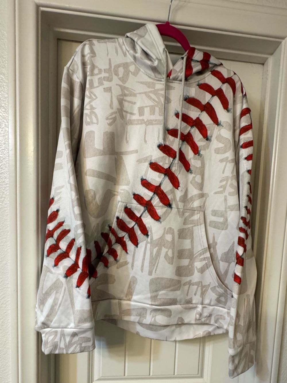 White Hoodie with Red Baseball Stitch Graphic